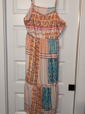 Boho Patchwork Maxi Sundress – Pink, Orange & Teal